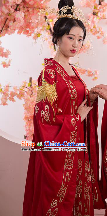 Chinese Traditional Tang Dynasty Wedding Embroidered Red Dress Ancient Princess Costumes for Women