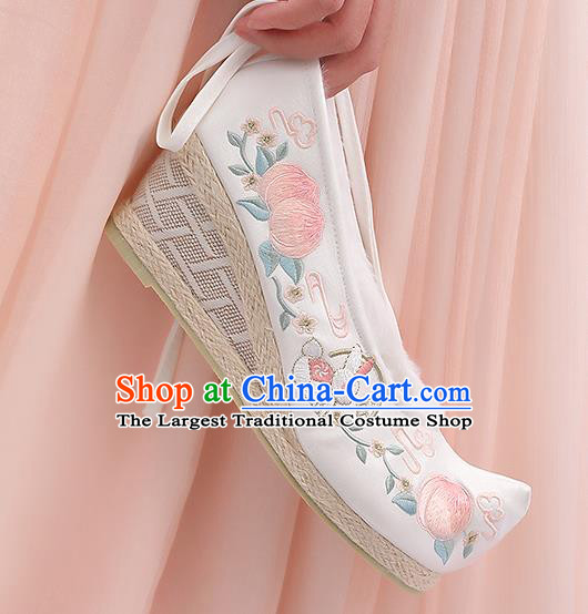 Asian Chinese Winter White Wedge Heel Shoes Embroidered Peach Rabbit Shoes Traditional Opera Shoes Hanfu Shoes for Women