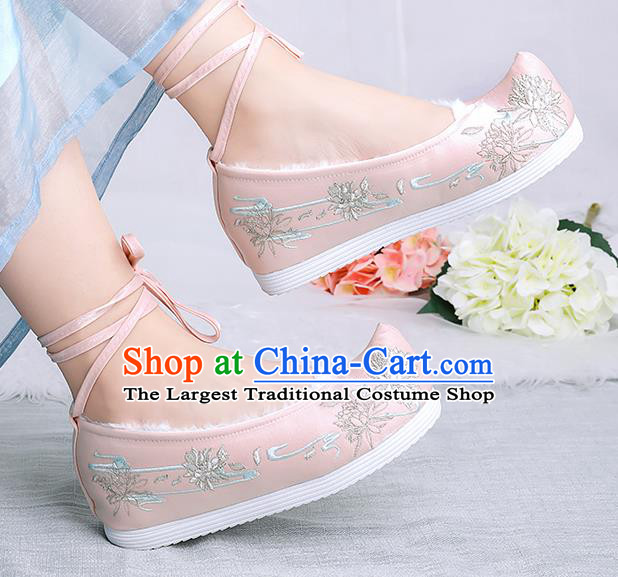 Asian Chinese Winter Light Pink Bow Shoes Embroidered Epiphyllum Shoes Traditional Opera Shoes Hanfu Shoes for Women