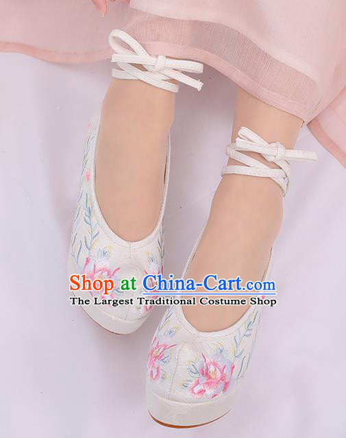 Asian Chinese White High Heel Shoes Embroidered Shoes Traditional Opera Shoes Hanfu Shoes for Women