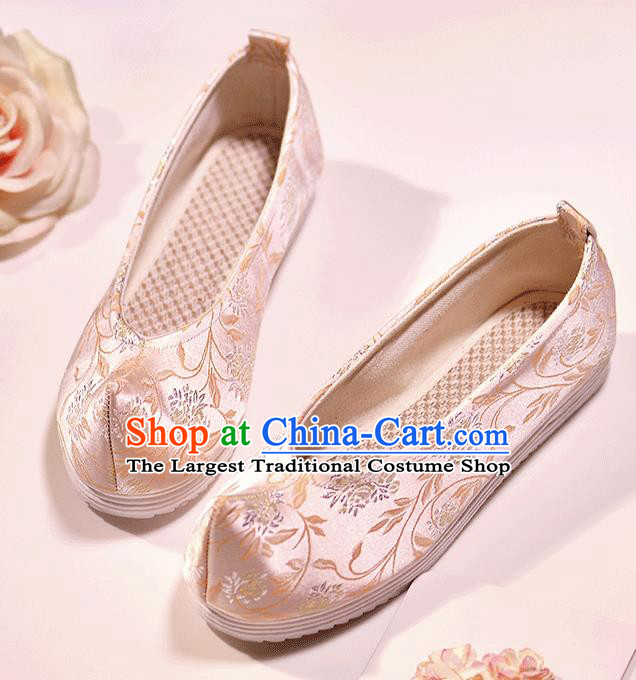 Asian Chinese Ming Dynasty Pink Satin Shoes Embroidered Shoes Traditional Opera Shoes Hanfu Shoes for Women