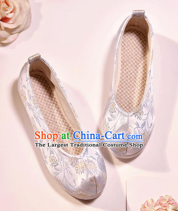 Asian Chinese Ming Dynasty Light Blue Satin Shoes Embroidered Shoes Traditional Opera Shoes Hanfu Shoes for Women
