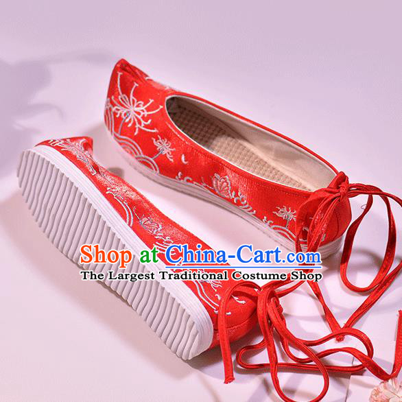 Asian Chinese Red Hanfu Shoes Embroidered Red Spider Lily Shoes Traditional Opera Shoes Princess Shoes for Women