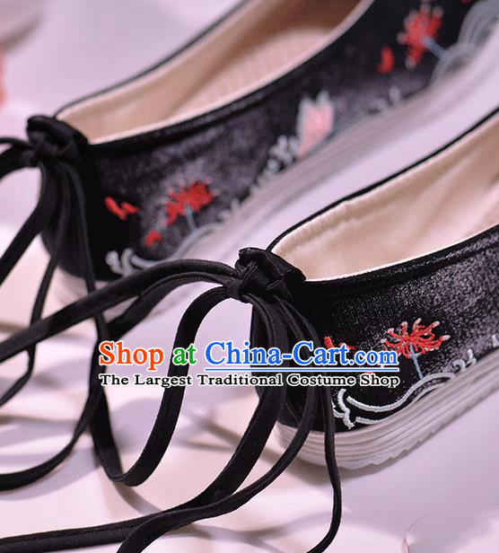 Asian Chinese Black Hanfu Shoes Embroidered Red Spider Lily Shoes Traditional Opera Shoes Princess Shoes for Women