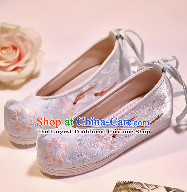 Asian Chinese Embroidered Fish Lotus Blue Shoes Hanfu Shoes Traditional Opera Shoes Princess Shoes for Women