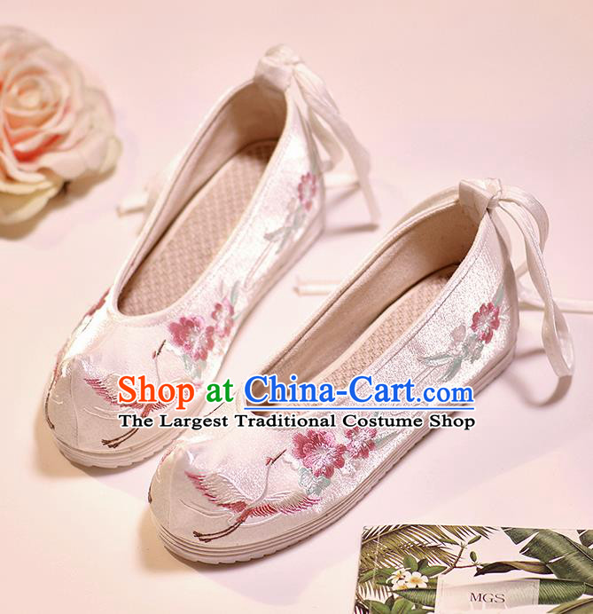 Asian Chinese Embroidered Crane Flowers White Shoes Hanfu Shoes Traditional Opera Shoes Princess Shoes for Women