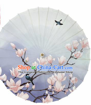 Chinese Traditional Printing Yulan Magnolia Blue Oil Paper Umbrella Artware Paper Umbrella Classical Dance Umbrella Handmade Umbrellas