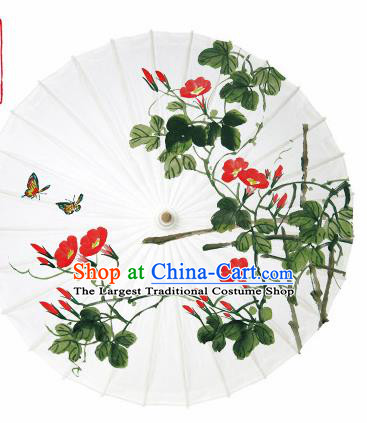 Chinese Traditional Printing Morning Glory White Oil Paper Umbrella Artware Paper Umbrella Classical Dance Umbrella Handmade Umbrellas