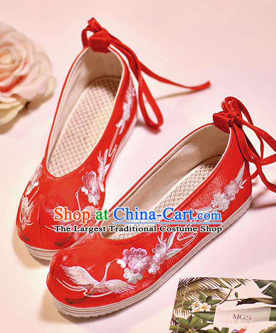 Asian Chinese Embroidered Crane Flowers Red Shoes Hanfu Shoes Traditional Opera Shoes Princess Shoes for Women