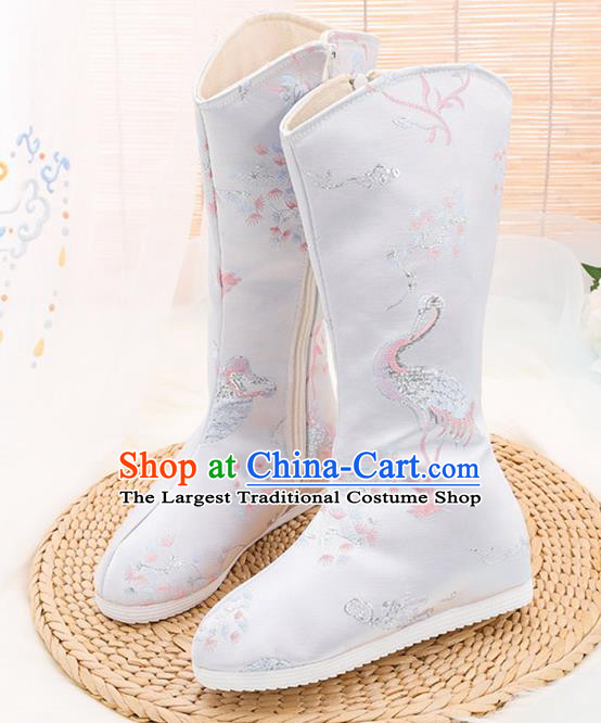 Asian Chinese Embroidered Plum Crane Grey Boots Traditional Opera Boots Hanfu Shoes for Women