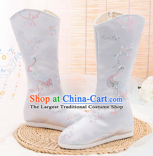Asian Chinese Embroidered Plum Crane Grey Boots Traditional Opera Boots Hanfu Shoes for Women