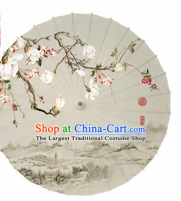 Chinese Traditional Printing Yulan Magnolia Grey Oil Paper Umbrella Artware Paper Umbrella Classical Dance Umbrella Handmade Umbrellas