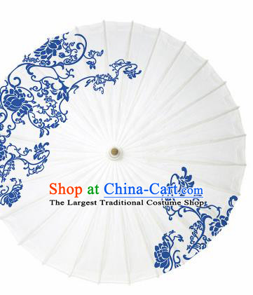 Chinese Traditional Printing Twine Lotus White Oil Paper Umbrella Artware Paper Umbrella Classical Dance Umbrella Handmade Umbrellas