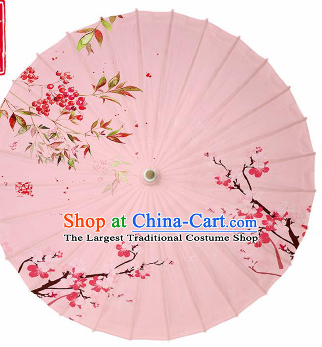 Chinese Traditional Printing Hawthorn Plum Pink Oil Paper Umbrella Artware Paper Umbrella Classical Dance Umbrella Handmade Umbrellas