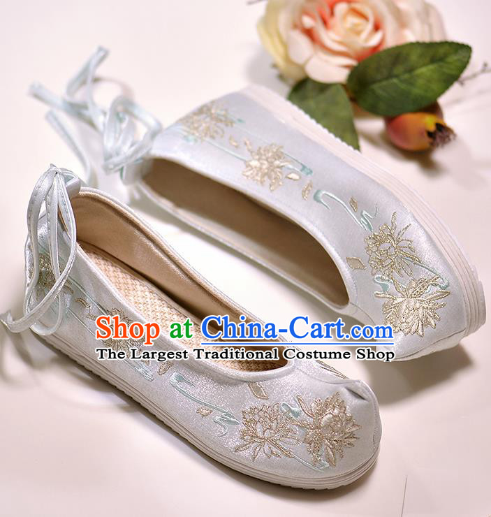 Asian Chinese Embroidered Epiphyllum Light Blue Satin Shoes Hanfu Shoes Traditional Opera Shoes Princess Shoes for Women