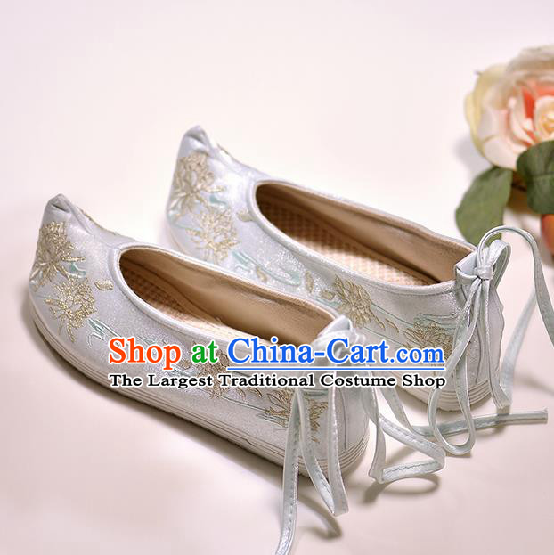 Asian Chinese Embroidered Epiphyllum Light Blue Satin Shoes Hanfu Shoes Traditional Opera Shoes Princess Shoes for Women