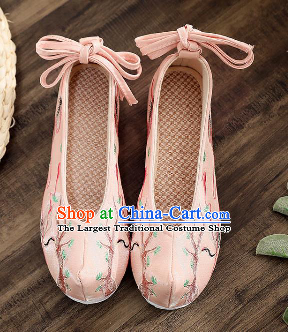 Asian Chinese Embroidered Pine Crane Pink Bow Shoes Hanfu Shoes Traditional Opera Shoes Princess Shoes for Women