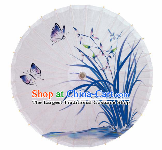 Chinese Printing Orchid White Oil Paper Umbrella Artware Paper Umbrella Traditional Classical Dance Umbrella Handmade Umbrellas