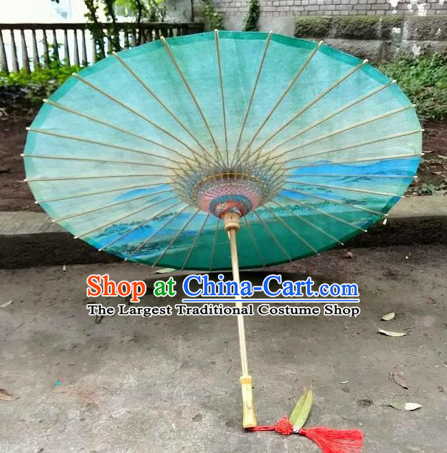 Chinese Artware Paper Umbrella Traditional Printing Mountains Green Oil Paper Umbrella Classical Dance Umbrella Handmade Umbrellas