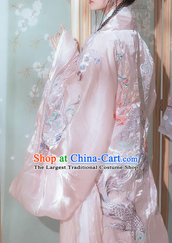 Chinese Ancient Hanfu Embroidered Light Pink Cardigan Traditional Ming Dynasty Princess Costumes for Women