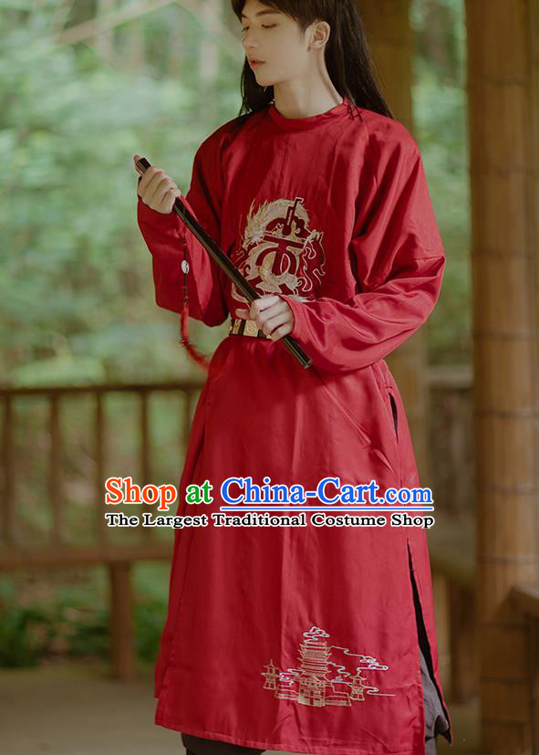 Chinese Ancient Swordsman Red Costumes Traditional Tang Dynasty Imperial Bodyguard Clothing for Men