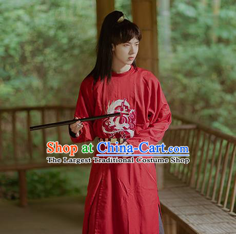 Chinese Ancient Swordsman Red Costumes Traditional Tang Dynasty Imperial Bodyguard Clothing for Men