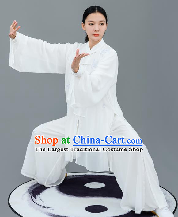 Chinese Traditional Tai Chi Training Embroidered White Costumes Martial Arts Performance Outfits for Women