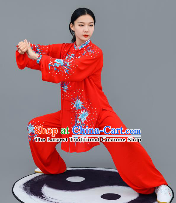 Chinese Traditional Tai Chi Training Embroidered Blue Flowers Costumes Martial Arts Performance Outfits for Women