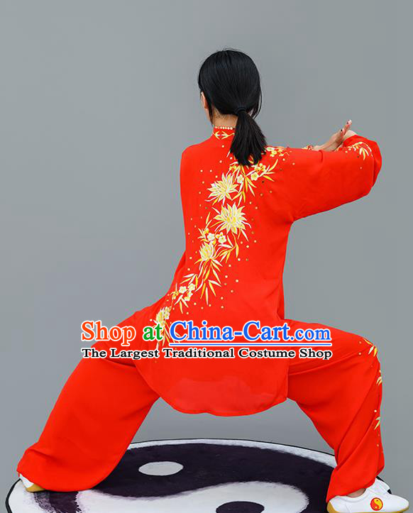 Chinese Traditional Tai Chi Training Embroidered Golden Flowers Costumes Martial Arts Performance Outfits for Women