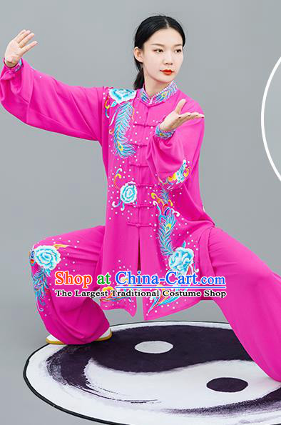 Chinese Traditional Tai Chi Training Embroidered Phoenix Peony Rosy Costumes Martial Arts Performance Outfits for Women