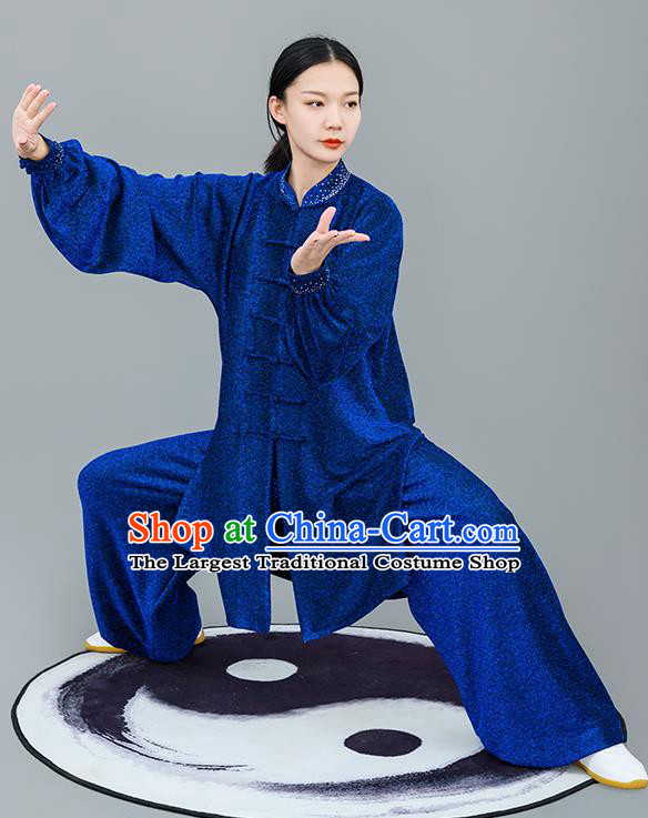 Chinese Traditional Tai Chi Training Bright Silk Royalblue Costumes Martial Arts Performance Outfits for Women