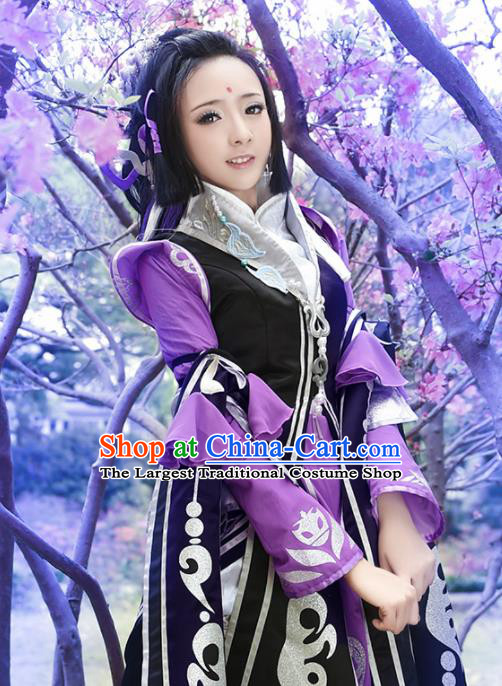 Chinese Traditional Cosplay Swordswoman Purple Costumes Ancient Female Knight Hanfu Dress for Women