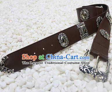 Chinese Cosplay Swordsman Brown Leather Belt Ancient Tang Dynasty Waistband for Men