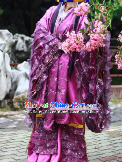 Chinese Traditional Cosplay Han Dynasty Imperial Consort Costumes Ancient Female Swordsman Purple Hanfu Dress for Women