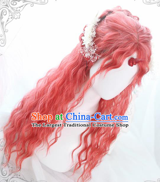 Top Grade Cosplay Lolita Red Curly Wigs Young Lady Long Hair Wiggery Headdress for Women