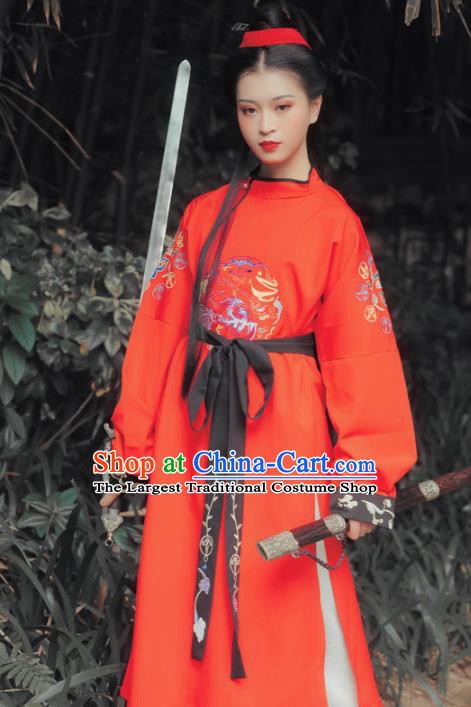 Chinese Traditional Tang Dynasty Swordswoman Costumes Ancient Female Knight Red Hanfu Dress for Women