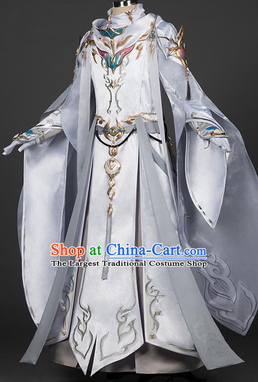 Chinese Traditional Cosplay Swordsman King White Costumes Ancient Young Knight Clothing for Men