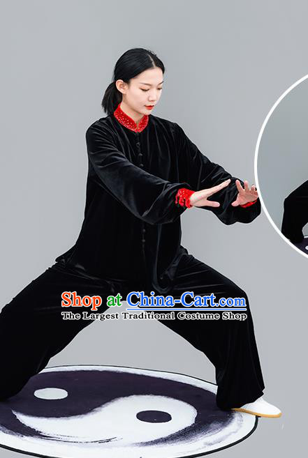 Chinese Traditional Tai Chi Training Black Velvet Costumes Martial Arts Performance Outfits for Women