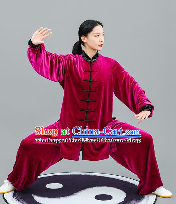 Chinese Traditional Tai Chi Training Rosy Velvet Costumes Martial Arts Performance Outfits for Women
