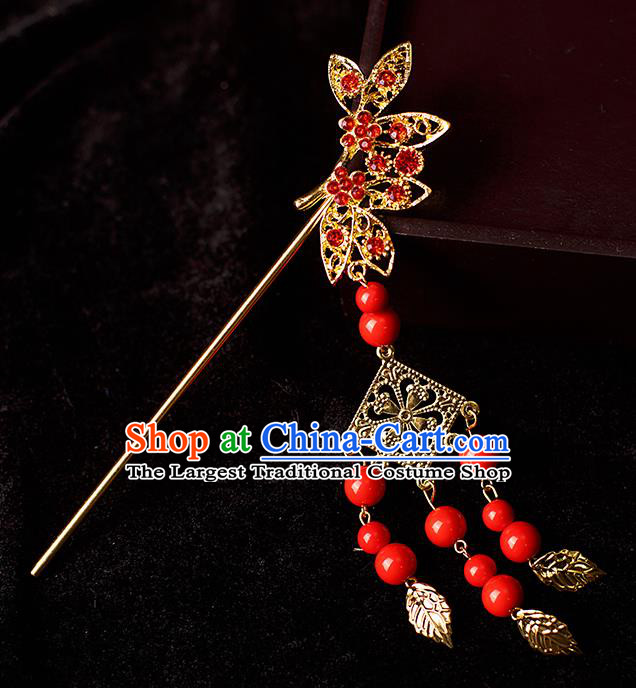Chinese Traditional Tang Dynasty Princess Red Beads Tassel Hairpins Ancient Palace Lady Headdress for Women
