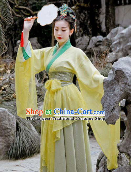 Chinese Traditional Qin Dynasty Court Princess Costumes Ancient Drama Swordsman Yellow Hanfu Dress for Women