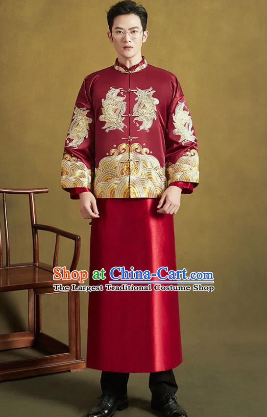 Chinese Traditional Wedding Tang Suit Costumes Ancient Bridegroom Embroidered Blouse and Long Gown for Men