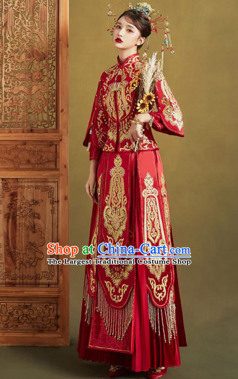 Chinese Traditional Red Xiu He Suit Embroidered Wedding Dress Ancient Bride Costumes for Women