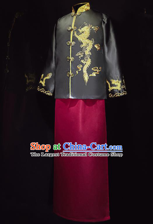 Chinese Ancient Bridegroom Embroidered Black Mandarin Jacket and Wine Red Long Gown Traditional Wedding Tang Suit Costumes for Men