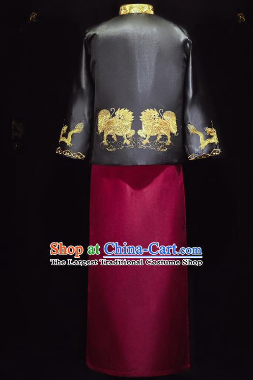 Chinese Ancient Bridegroom Embroidered Black Mandarin Jacket and Wine Red Long Gown Traditional Wedding Tang Suit Costumes for Men