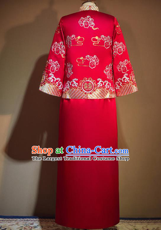 Chinese Ancient Bridegroom Embroidered Red Mandarin Jacket and Long Gown Traditional Wedding Tang Suit Costumes for Men