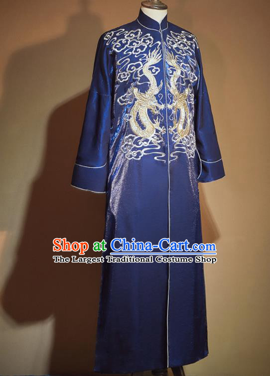 Chinese Ancient Bridegroom Embroidered Blue Long Gown Traditional Wedding Tang Suit Costumes for Men
