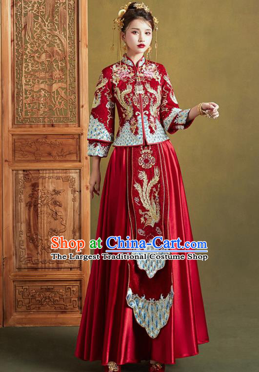 Chinese Traditional Drilling Red Xiu He Suit Embroidered Phoenix Peony Wedding Dress Ancient Bride Costumes for Women