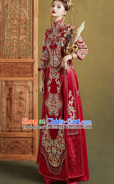Chinese Traditional Wedding Xiu He Suit Embroidered Drilling Red Jacket and Dress Ancient Bride Costumes for Women