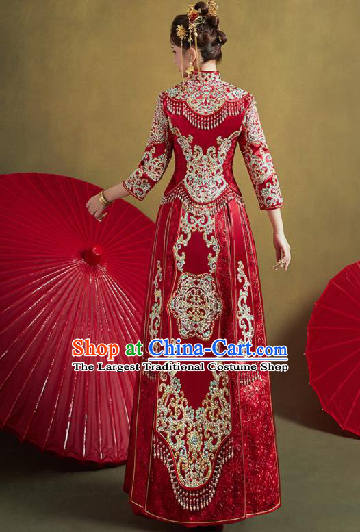 Chinese Traditional Wedding Xiu He Suit Embroidered Drilling Red Jacket and Dress Ancient Bride Costumes for Women